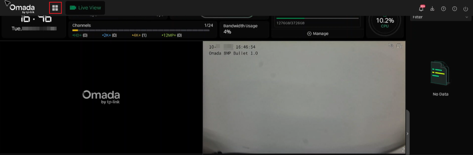 NVR GUI Live View screen with the menu icon highlighted in the upper-left corner