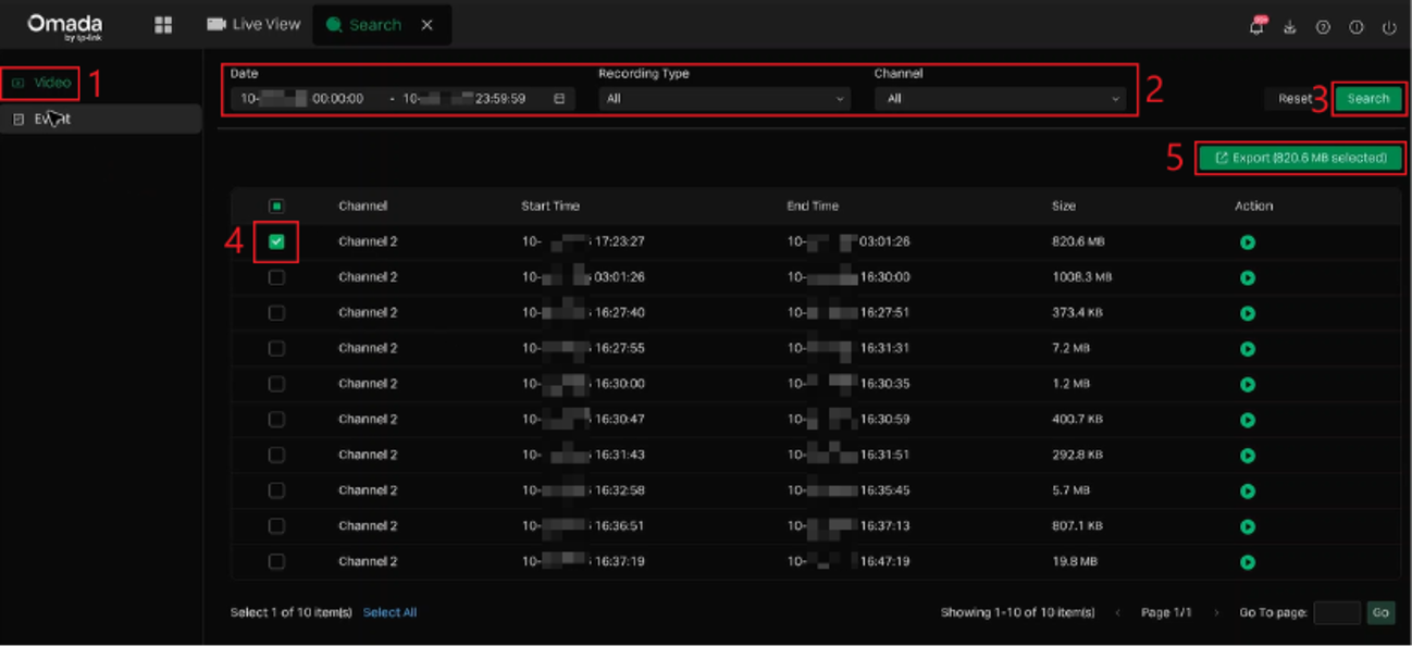 Search > Video page with the date range, recording type, channel, Search button, selected recording, and Export button highlighted