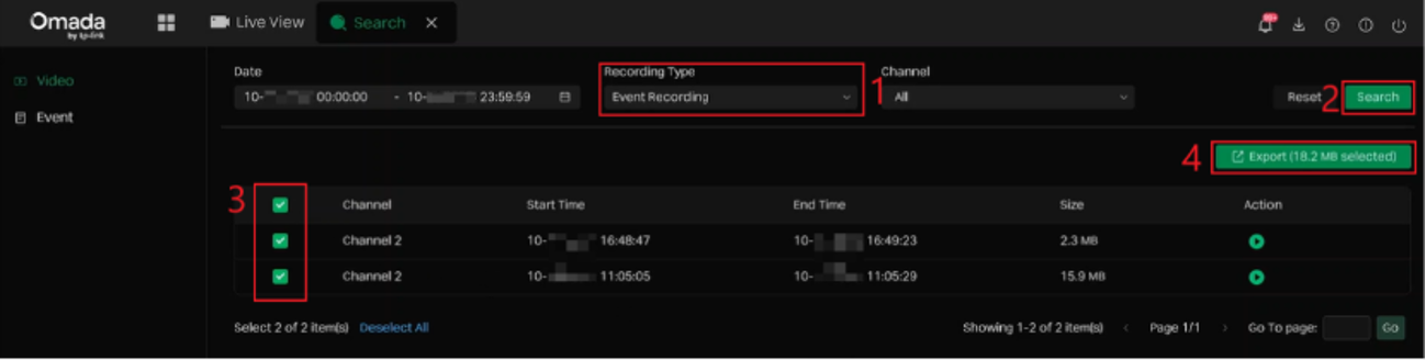 Search > Video page with Recording Type set to Event Recording, two files selected, and the Export button highlighted