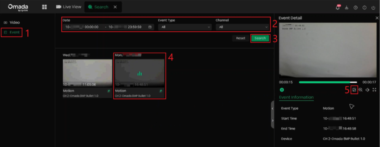 Search > Event page with search filters, an event selected, and the Export icon highlighted below the Event Detail preview