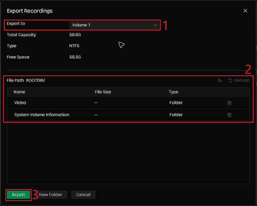 Export Recordings window with the external storage volume selector, File Path area, and Export button highlighted