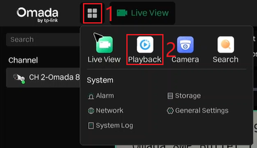 NVR GUI menu with the Playback option highlighted