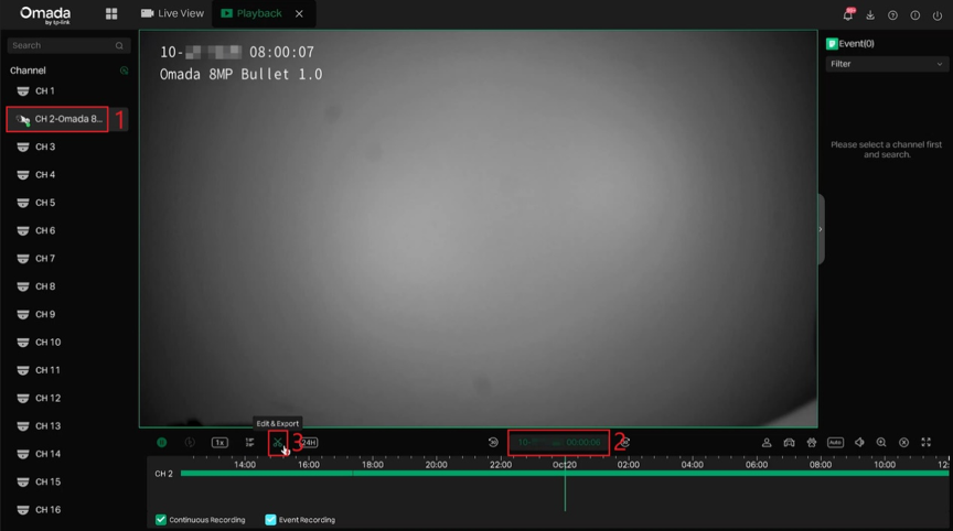 NVR GUI Playback page with the channel, playback date and time, and Edit & Export icon highlighted
