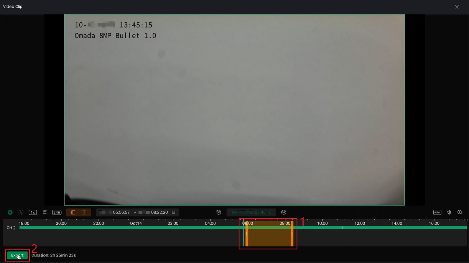 NVR GUI Video Clip window with the selected time range and Export button highlighted