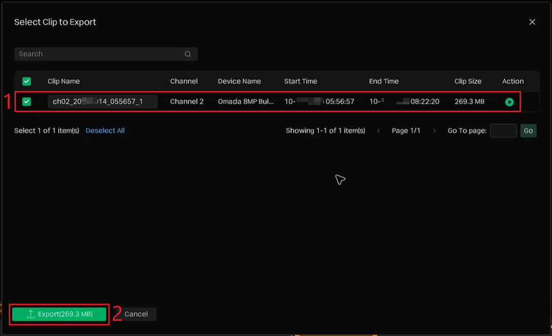 Select Clip to Export window with the clip selected, its start and end times listed, and the Export button highlighted