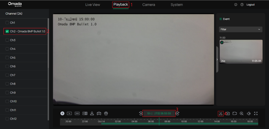 NVR Web UI Playback page with the channel, playback date and time, and Capture Record scissors icon highlighted