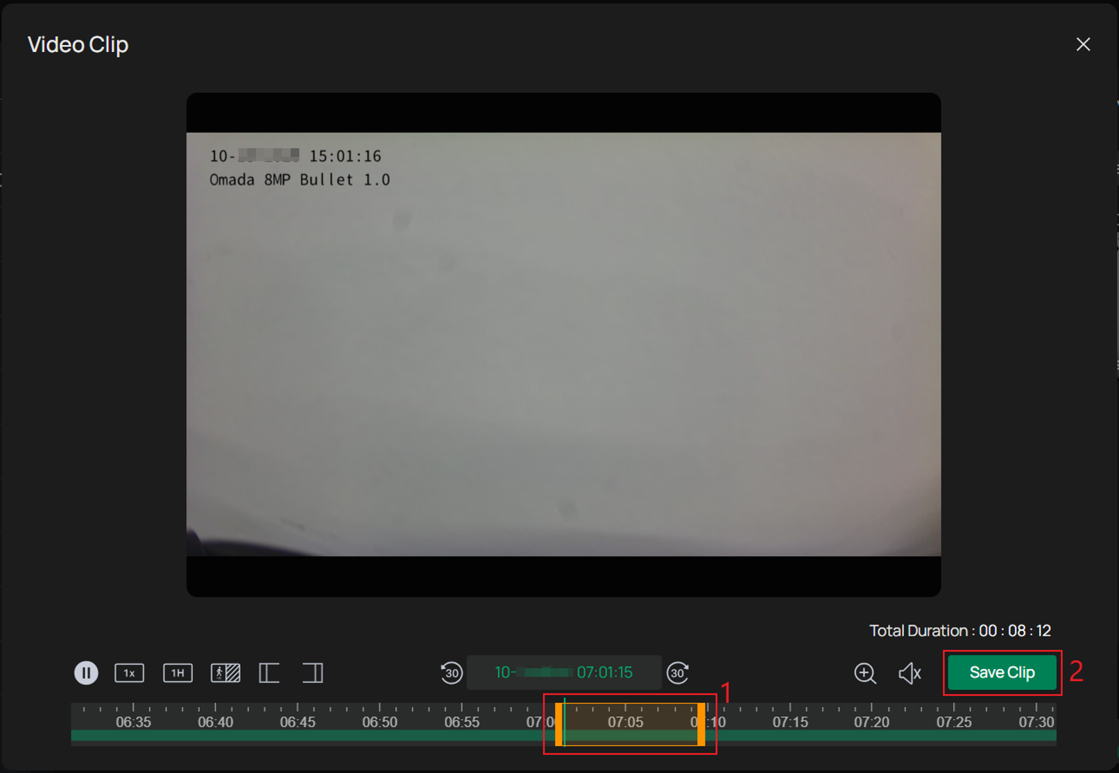 Web UI Video Clip window with the selected time range, total duration, and Save Clip button