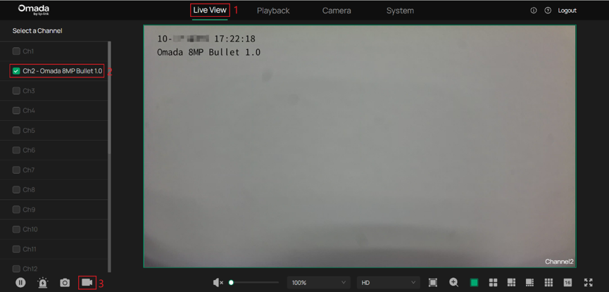 Web UI Live View page with the selected channel and Record icon highlighted