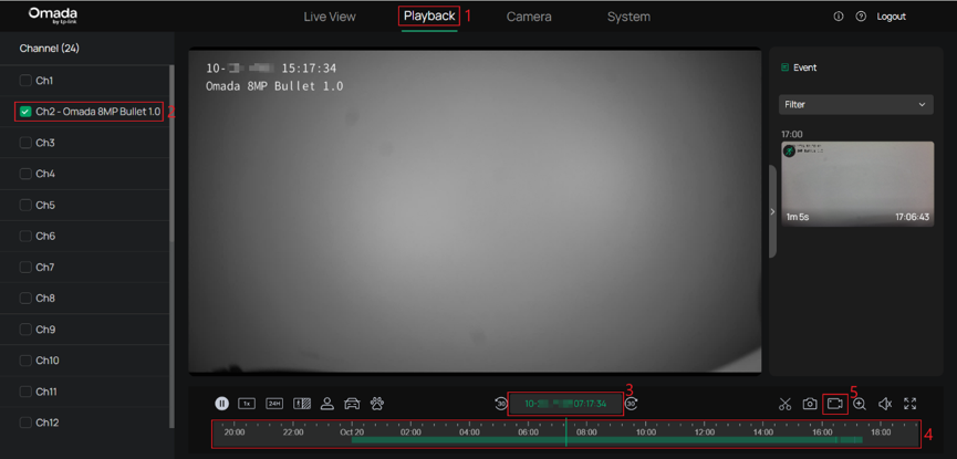 Web UI Playback page with the selected channel, date and time, timeline, and Record icon highlighted