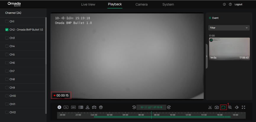 Playback recording in progress, with the red recording indicator, elapsed time, and active Record icon highlighted