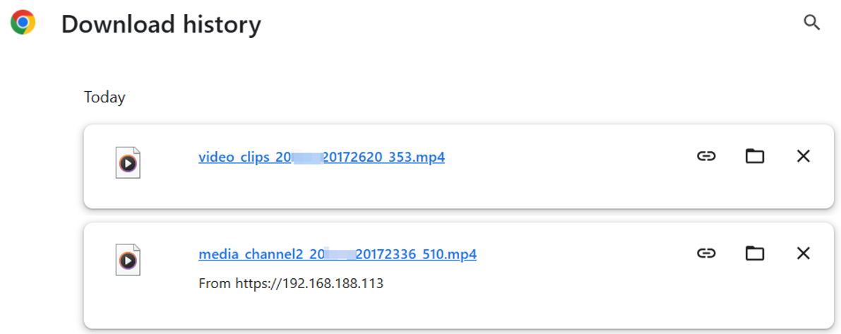 Chrome Download history showing two downloaded MP4 video files, with links to open each file and folder icons to locate them on the computer
