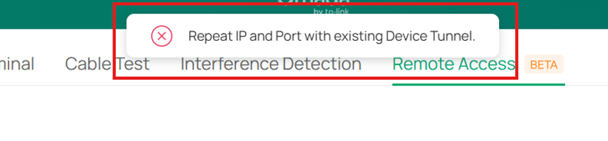Error message indicating the IP address and port duplicate an existing device tunnel.