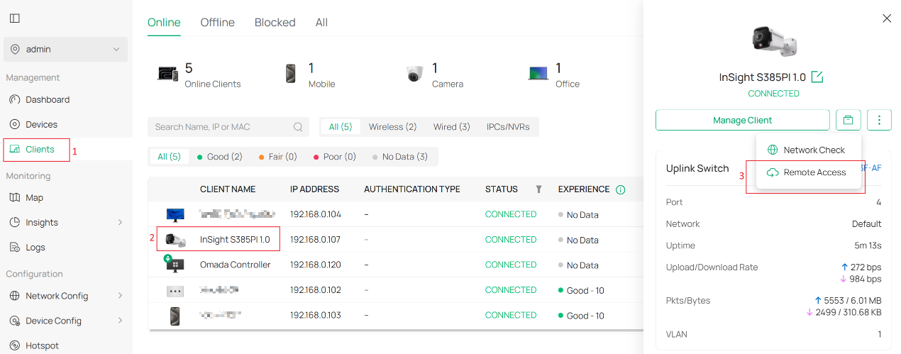 Omada Controller Clients page showing Remote Access under the selected camera’s Manage Client menu.