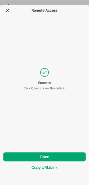 Successful Remote Access tunnel with options to open or copy the link.