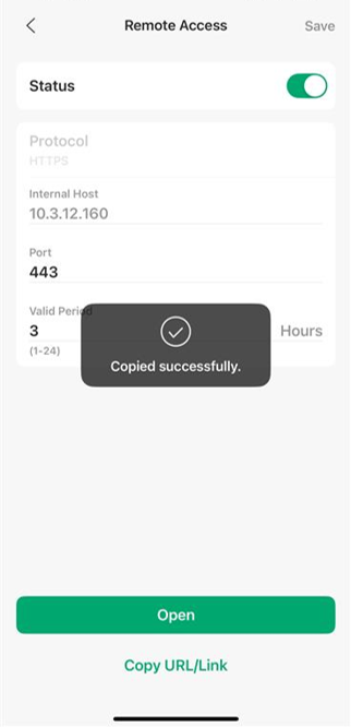 Confirmation that the Remote Access URL was copied successfully.