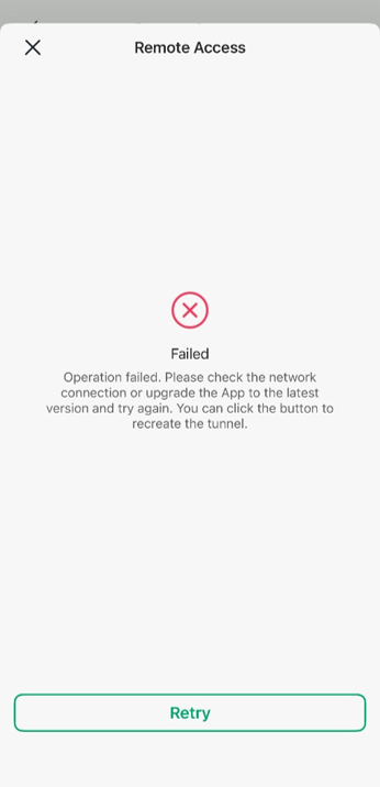Remote Access tunnel creation failure message.