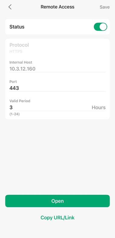 Remote Access page showing tunnel settings with options to open the device or copy its URL.