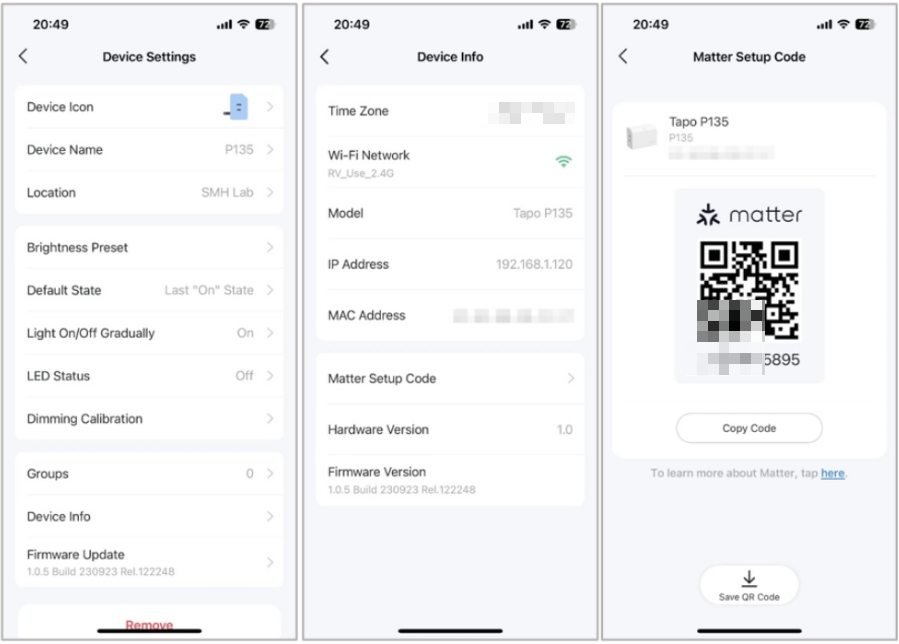 The path to find matter setup code in Tapo app.