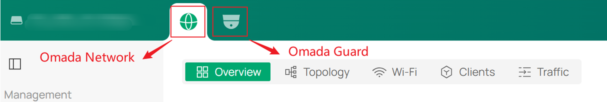 Omada OS page showing switch between the Network and Guard applications.