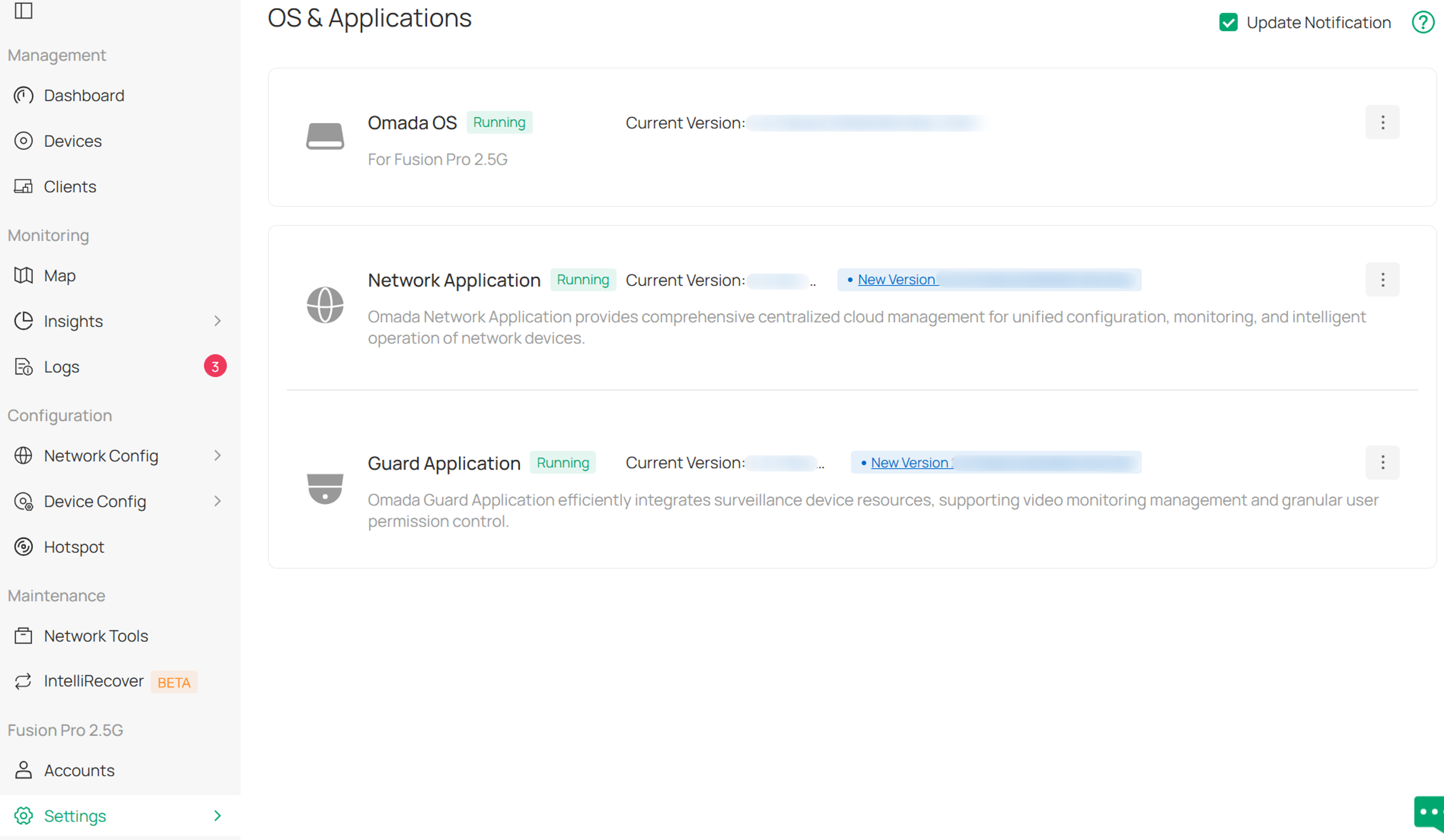 OS & Application page showing installed applications and version information.