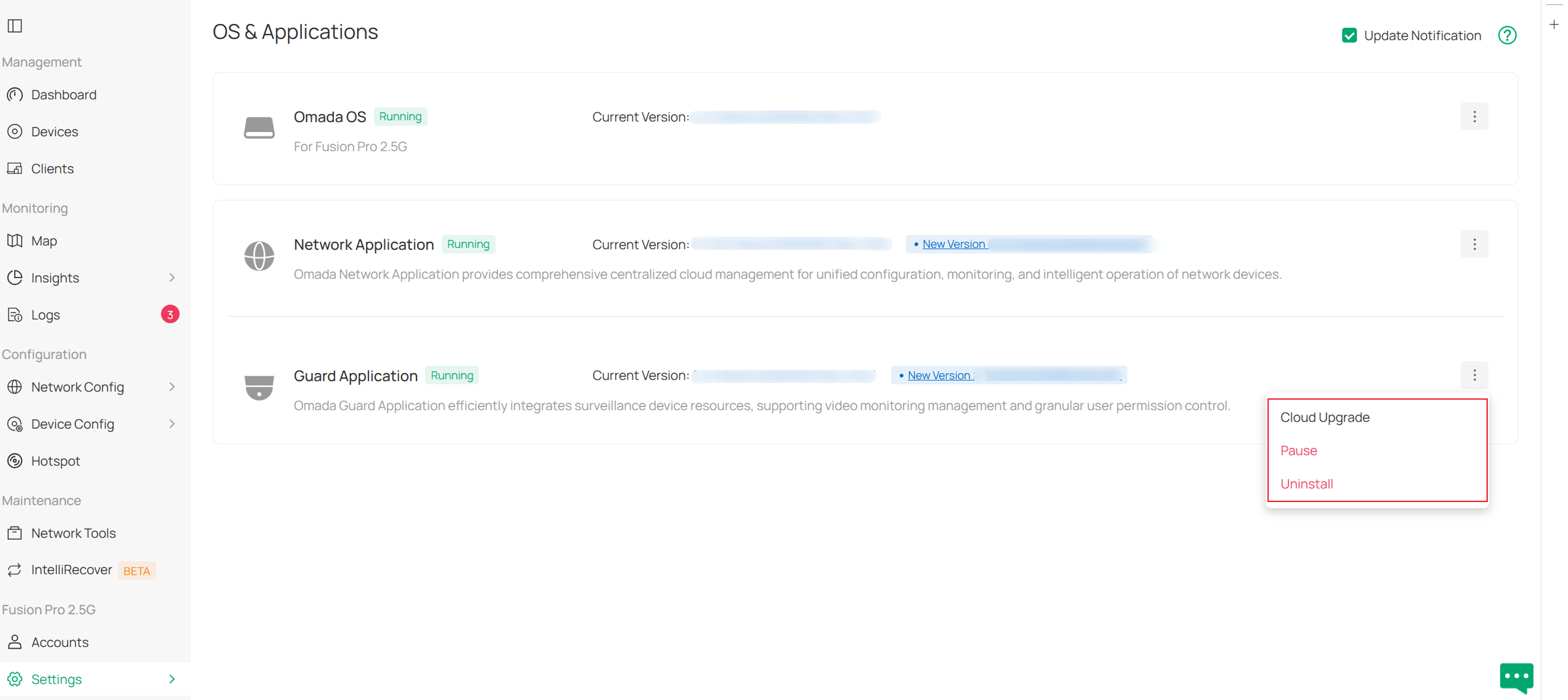 OS & Application page showing available system and application upgrade controls.