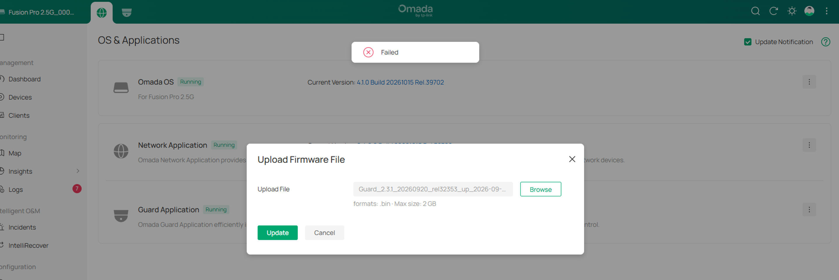 Failed to downgrade the application.