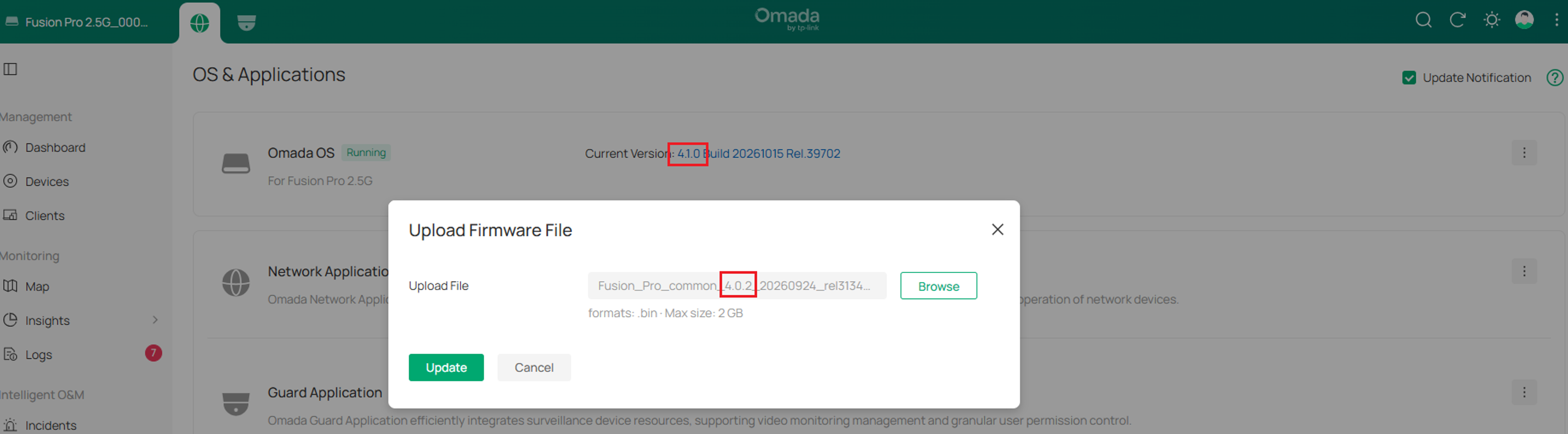 Upload an Omada OS firmware version that is lower than the currently installed version.