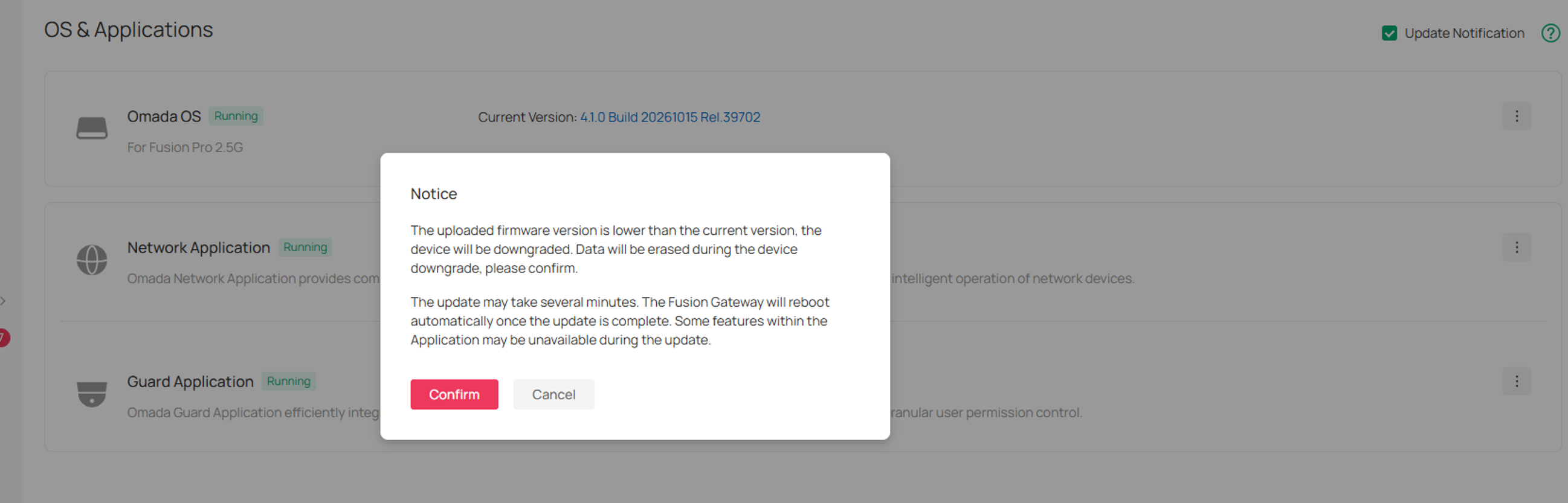 A confirmation prompt is displayed to ask the user whether to proceed with the downgrade.