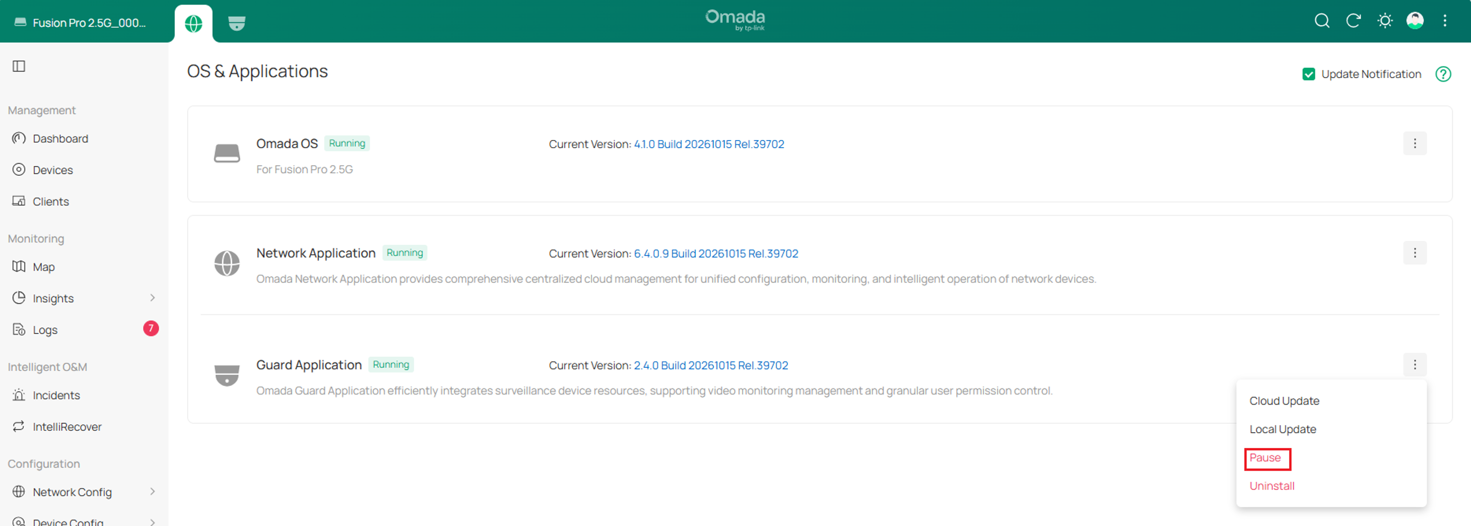 On the OS & Applications page, select Pause for the Omada Guard application.