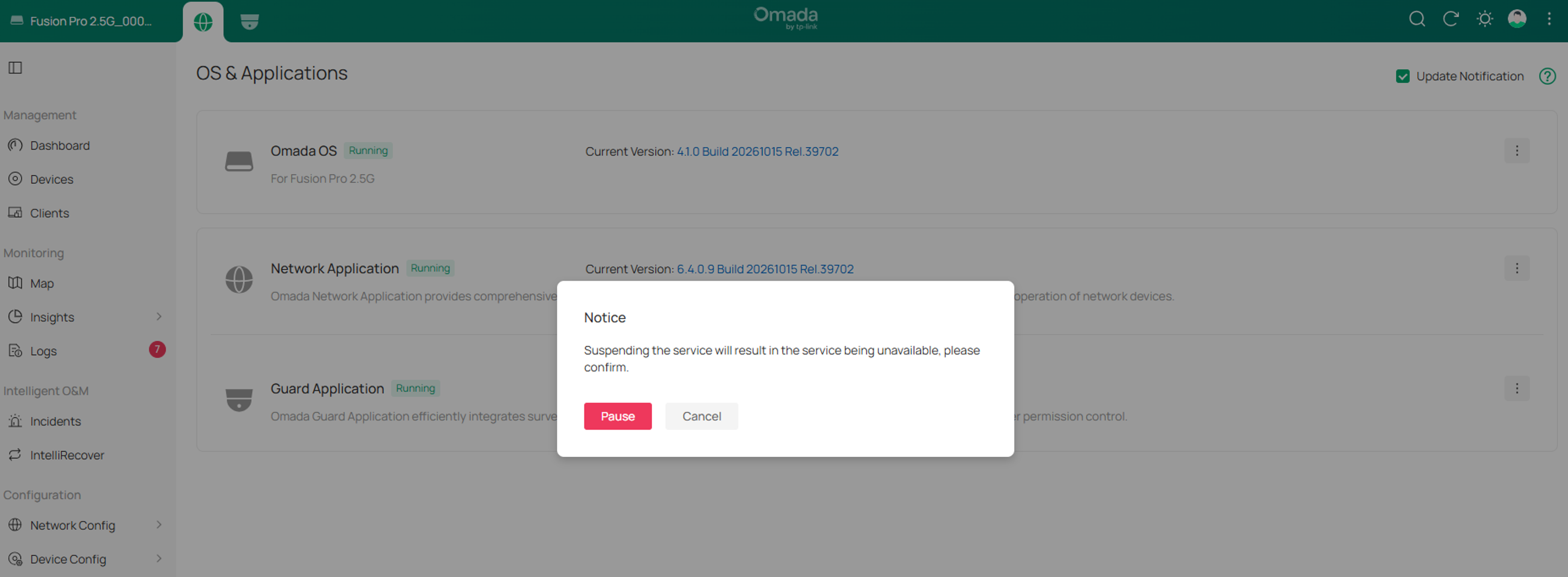 A confirmation prompt is displayed to ask the user whether to proceed with the pause operation.