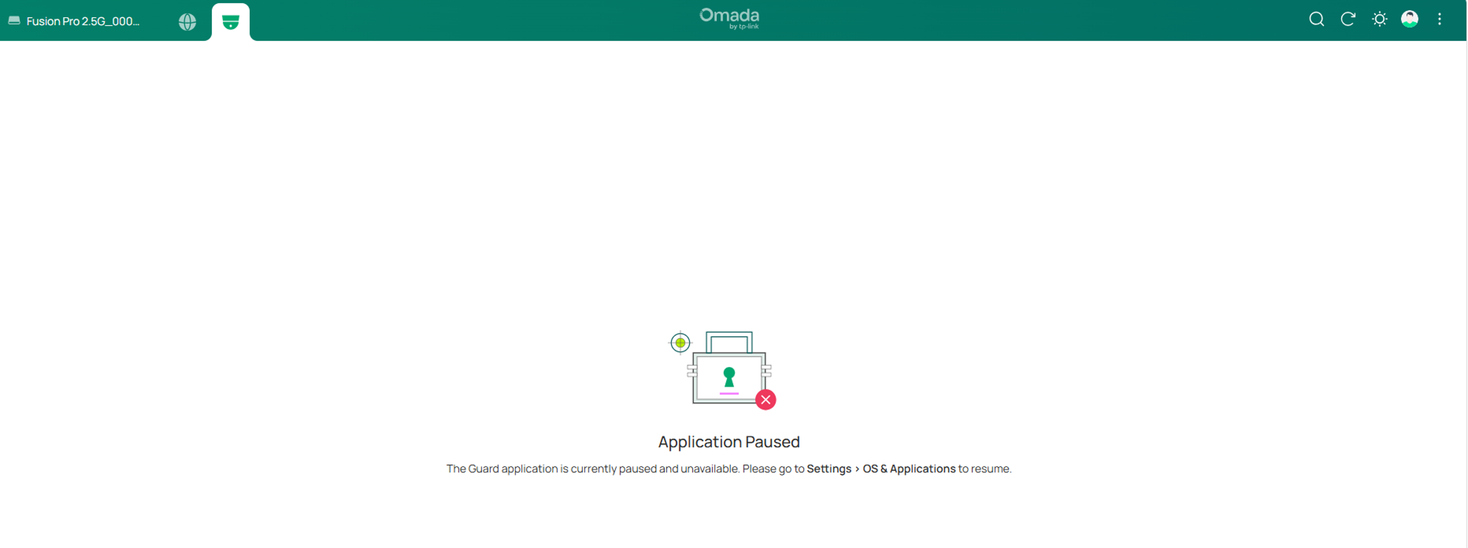 The Omada Guard application interface shows that the application is paused.