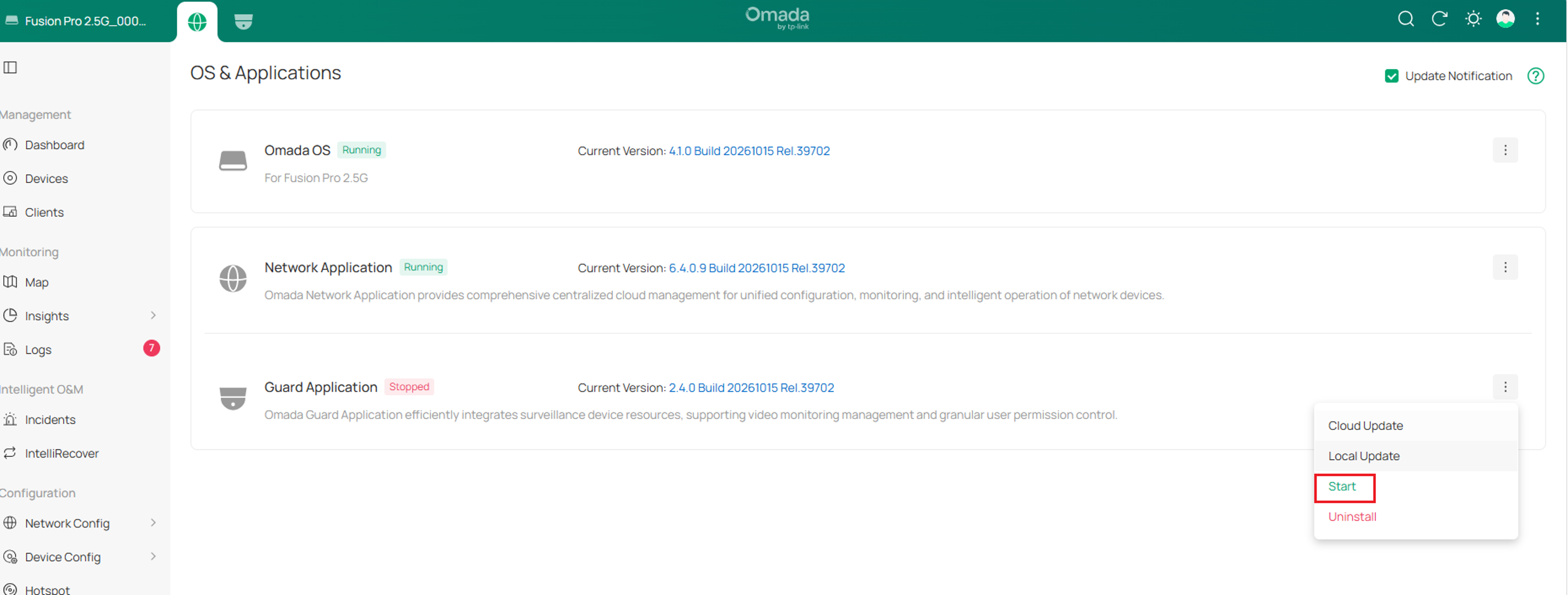 On the OS & Applications page, select Start to resume the Omada Guard application.
