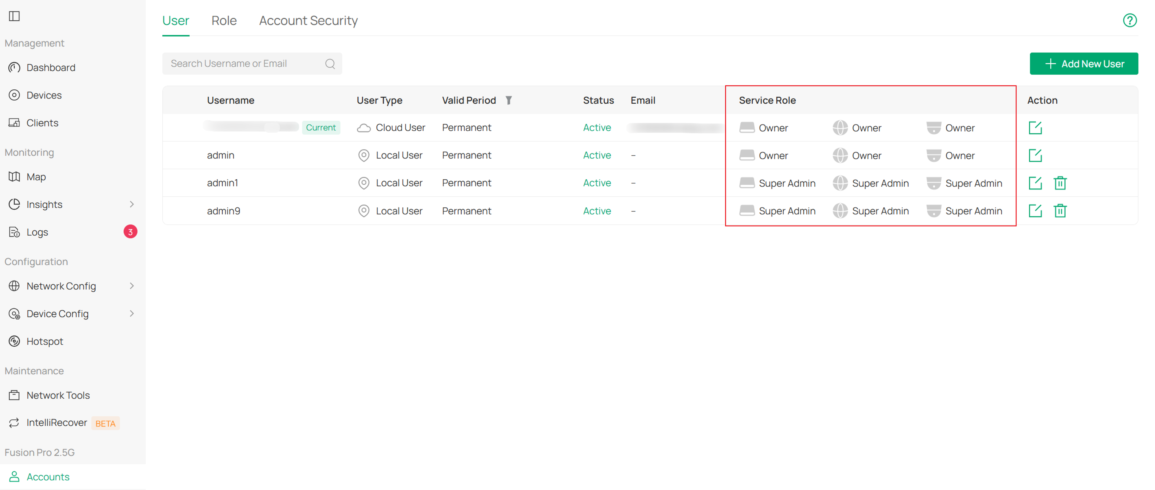 Accounts page showing account and permission management.