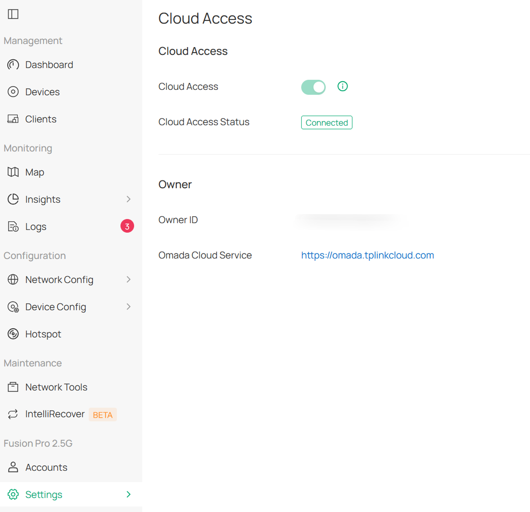 Cloud Access settings showing cloud connectivity.