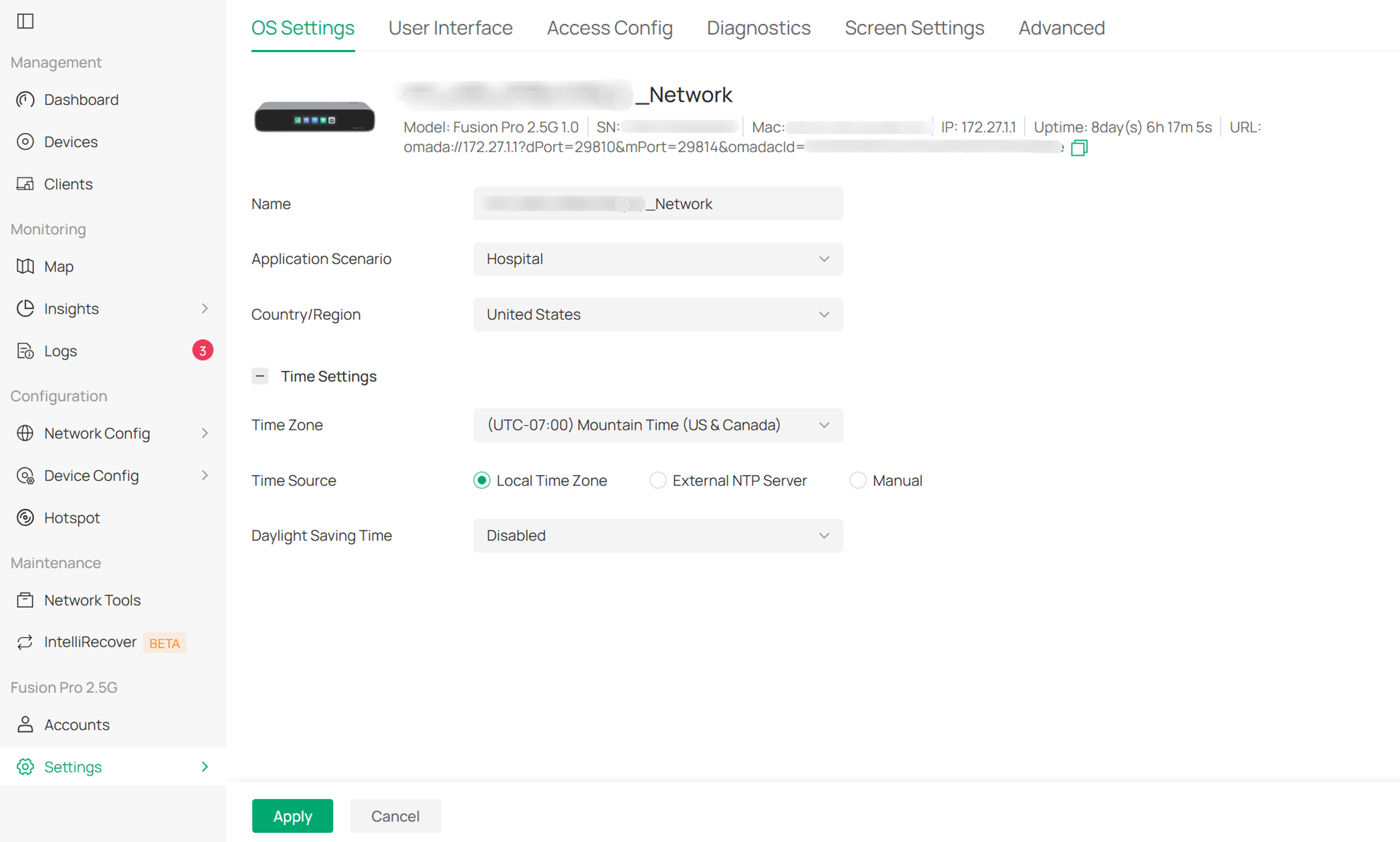 System Settings page showing time, region, and essential service configuration.