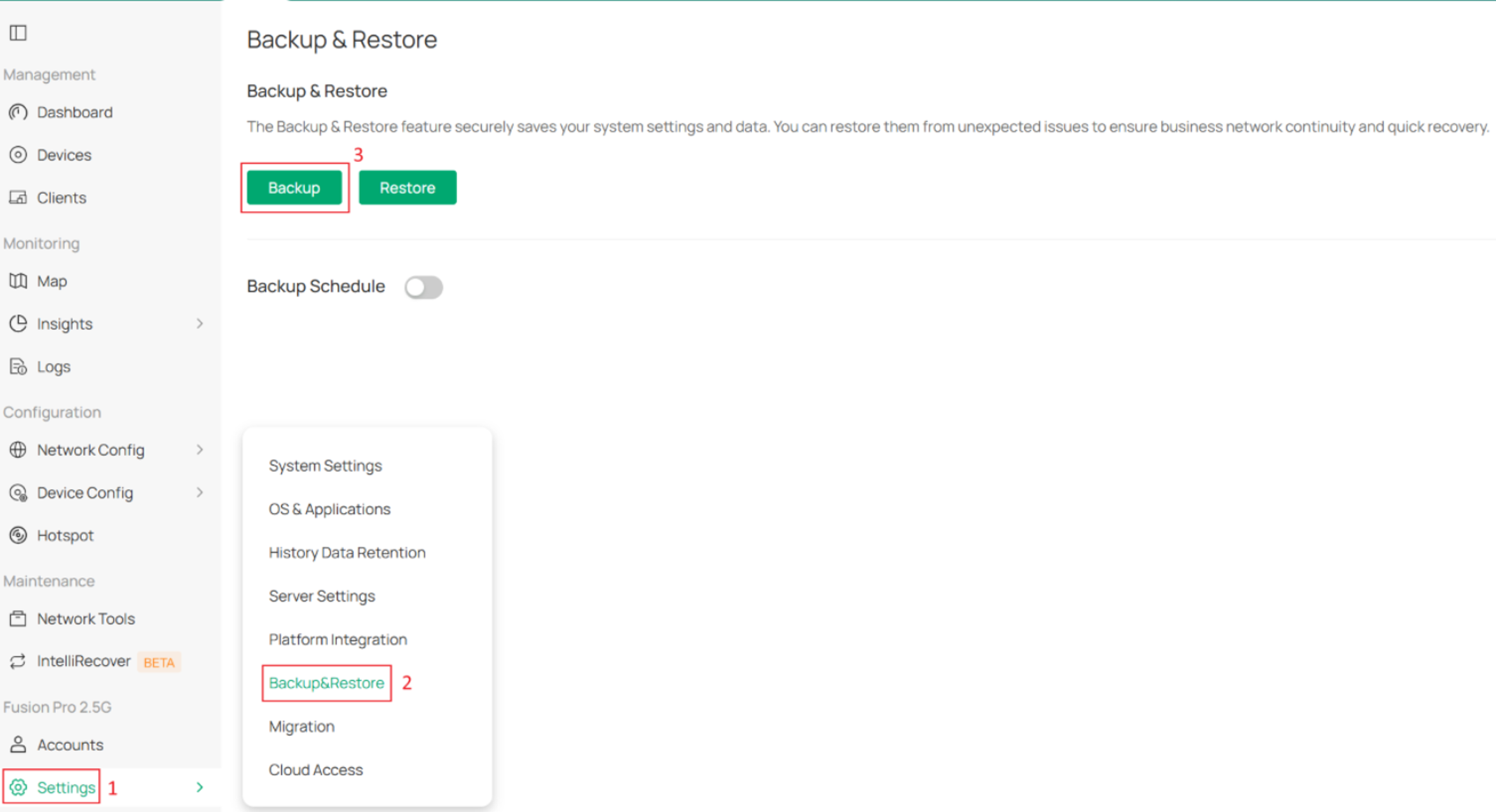 Backup & Restore page showing backup, restore, and migration options.