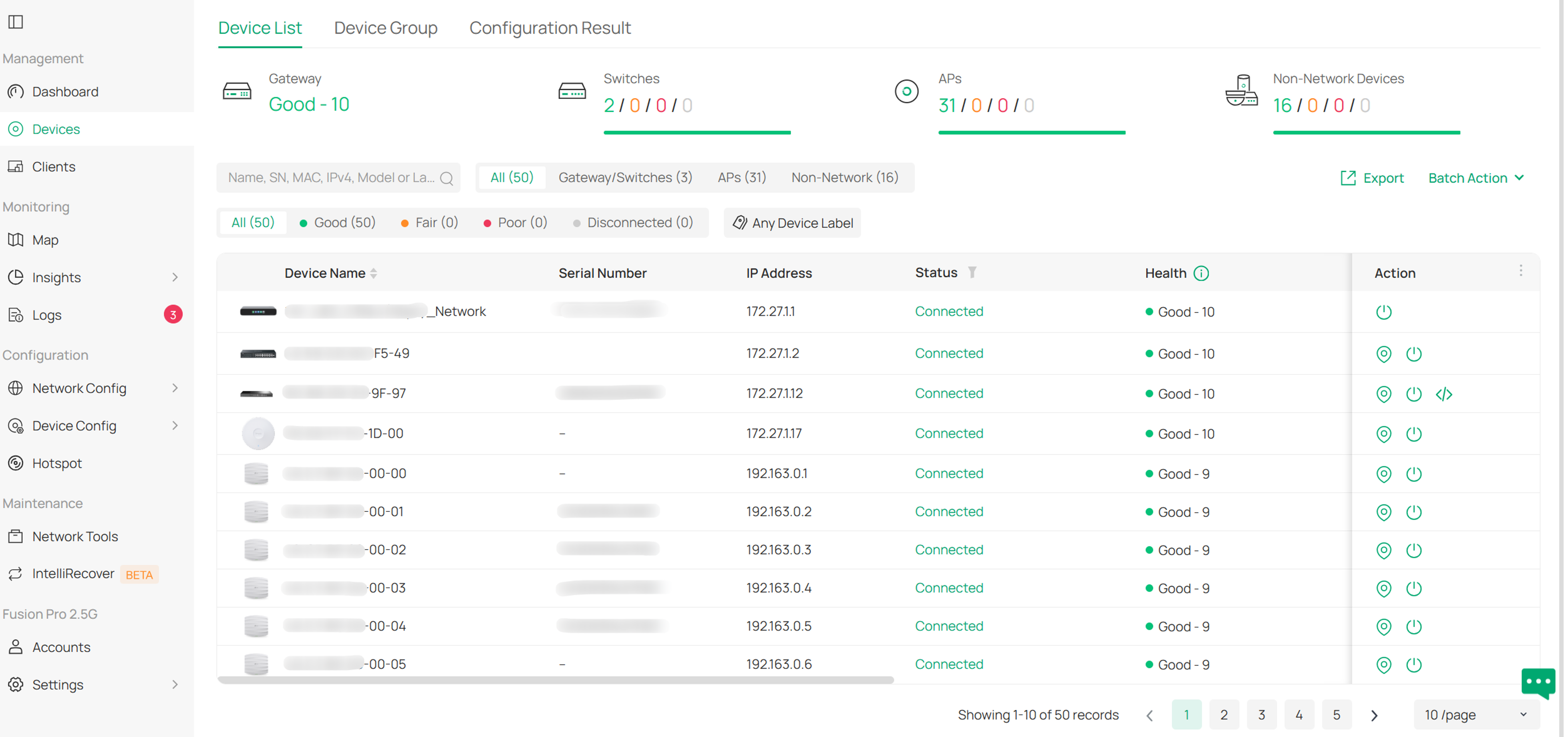 Devices page listing the built-in gateway, switches, access points.