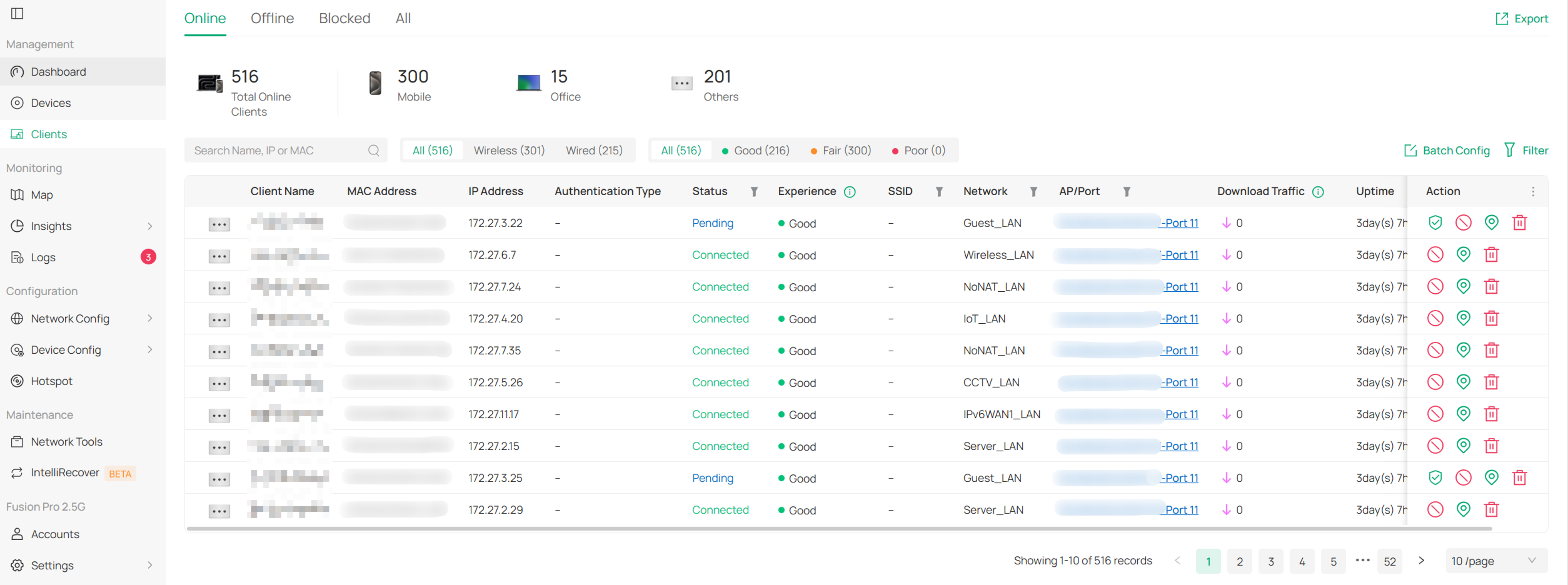 Clients page showing connected clients and their current status.