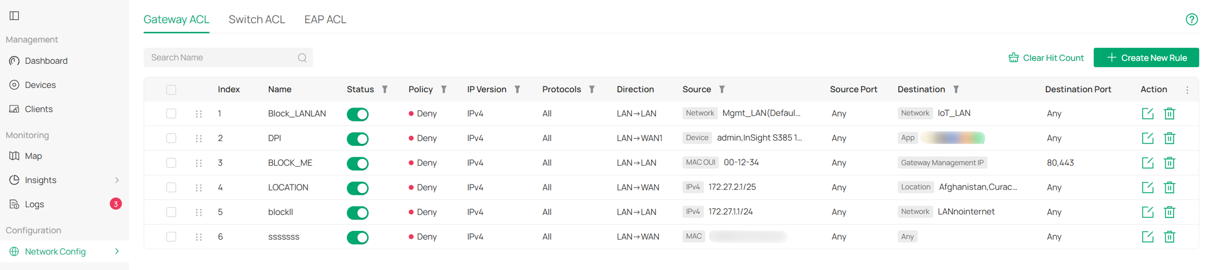 ACL settings page showing network access control policy configuration.