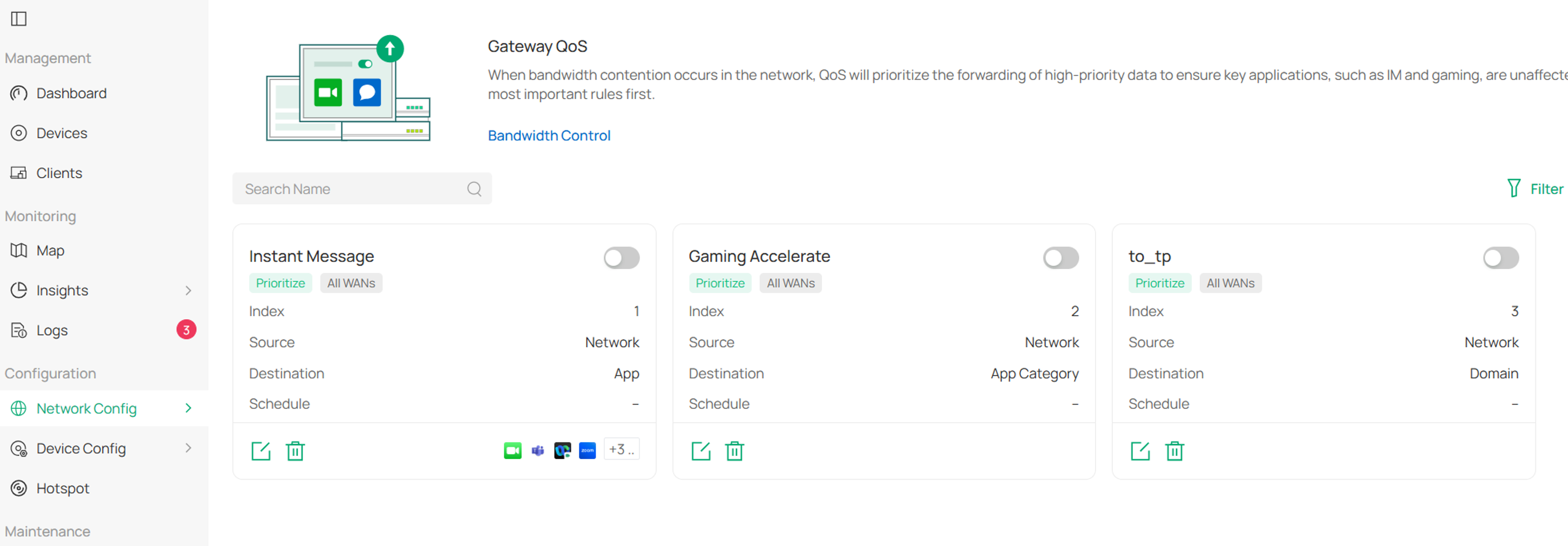Gateway QoS settings page showing gateway traffic prioritization options.