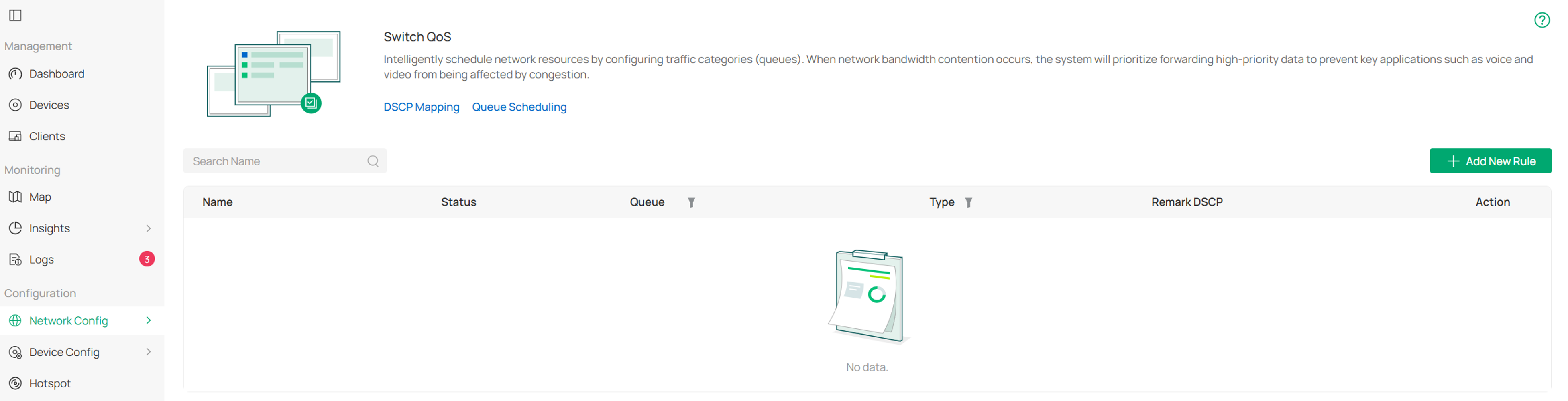 Switch QoS settings page showing switch traffic prioritization options.