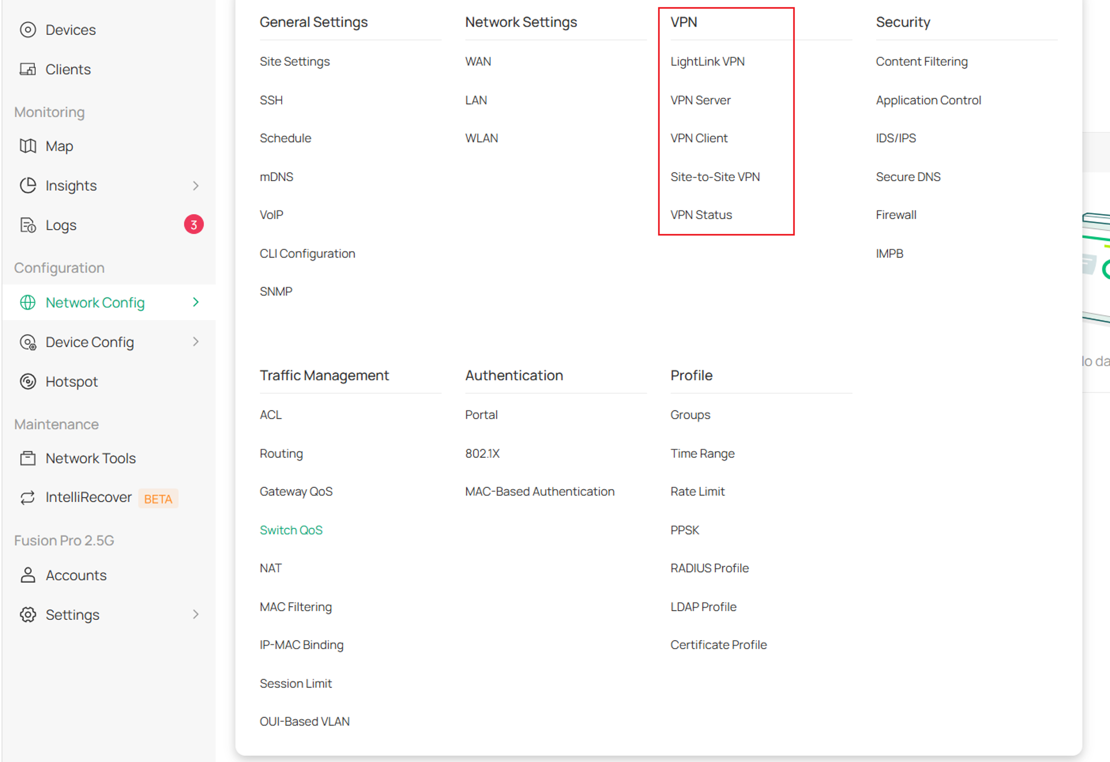 VPN settings page showing VPN configuration options.
