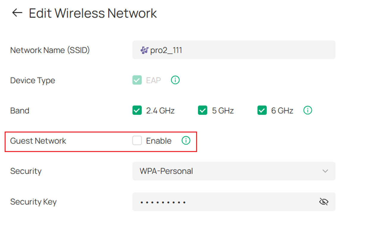 SSID settings showing the option to configure the network as a guest network.