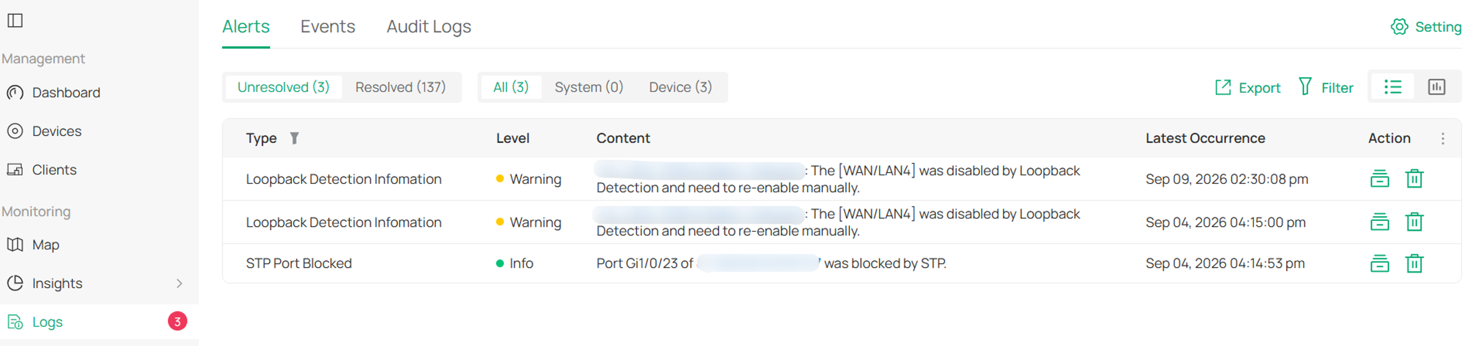 Logs page showing network events, alerts, and system log entries.