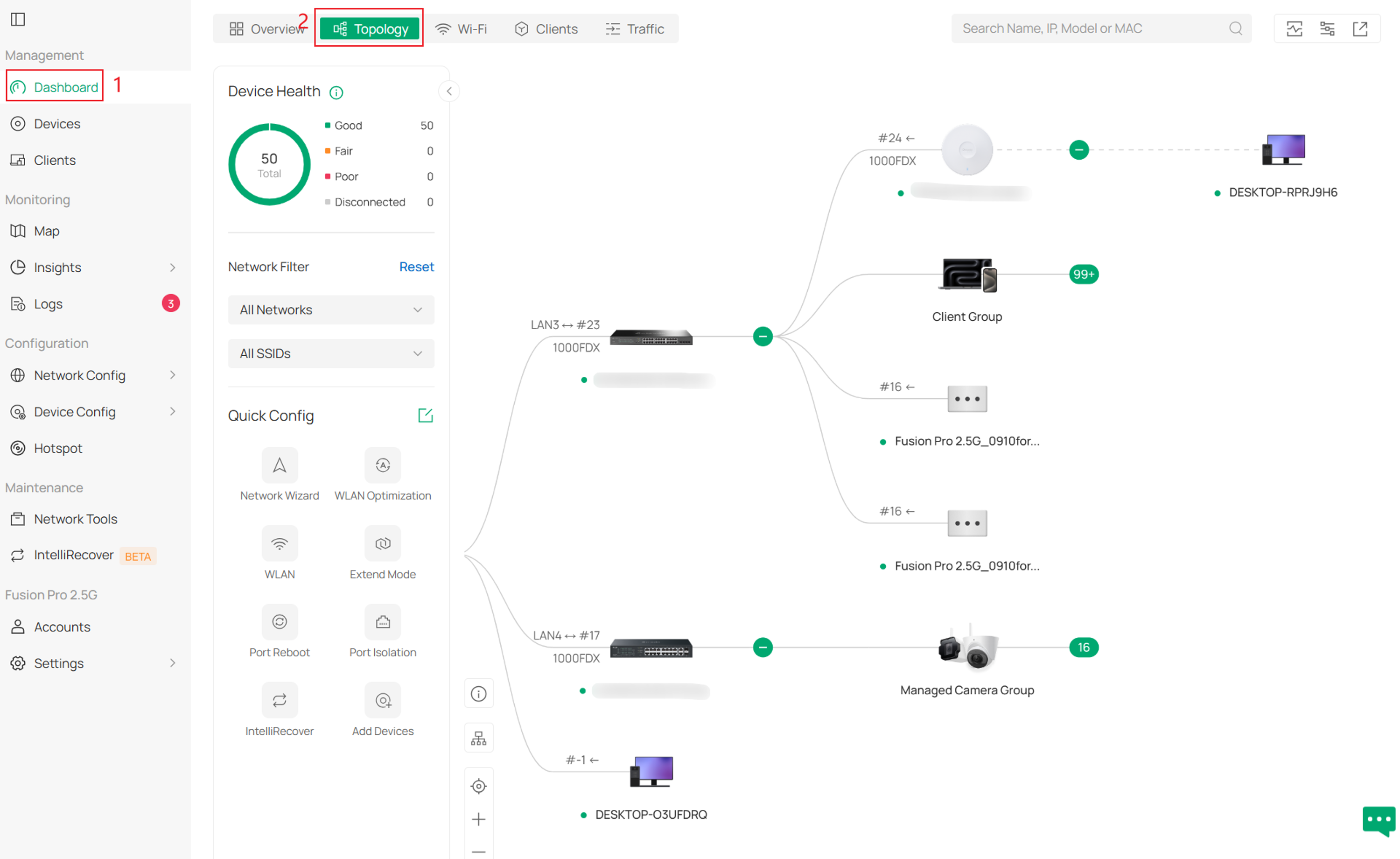 Network topology view showing connections among managed devices and clients.