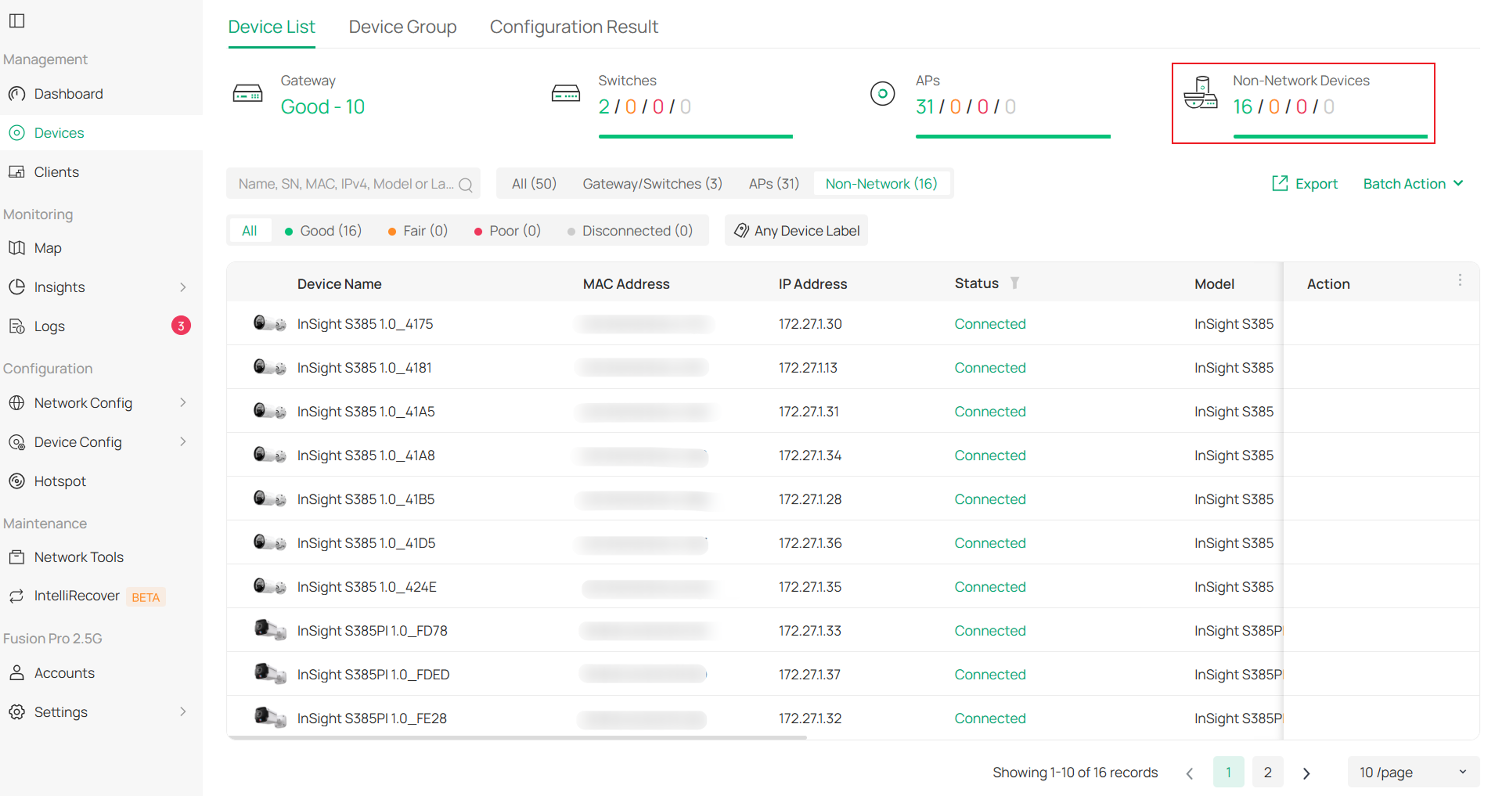 Device list showing Guard device information for network and surveillance integration.
