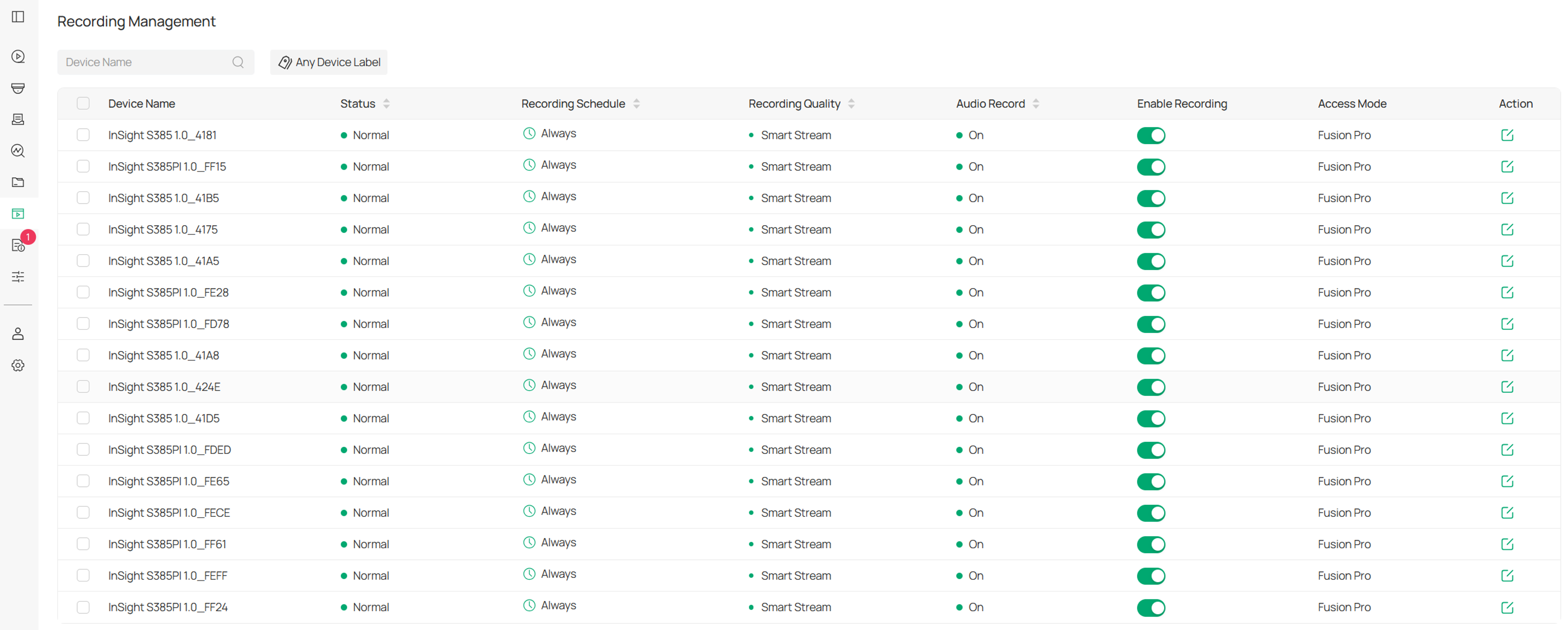 Recording settings page showing video recording configuration options.