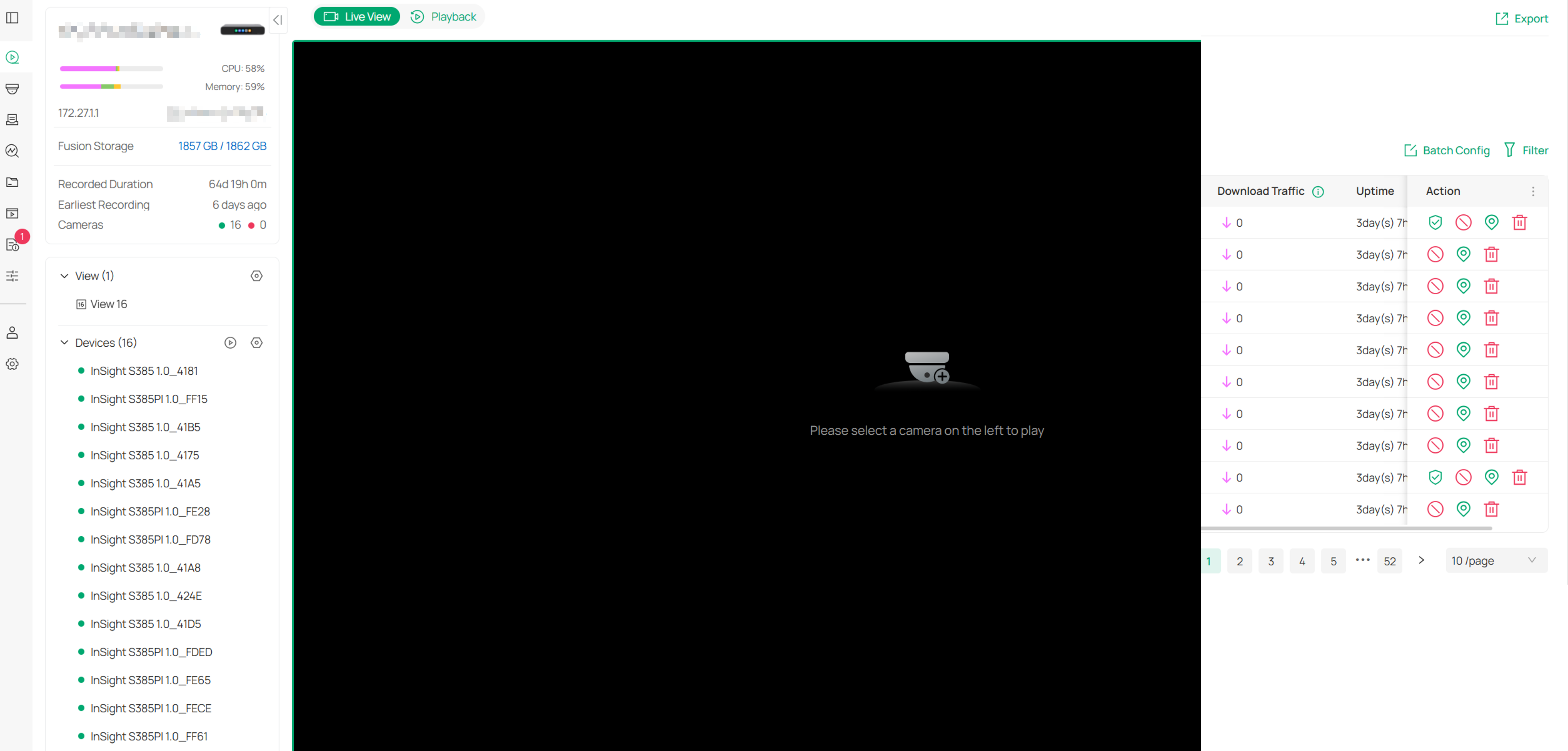 Videos page showing live video monitoring and multi-view preview.