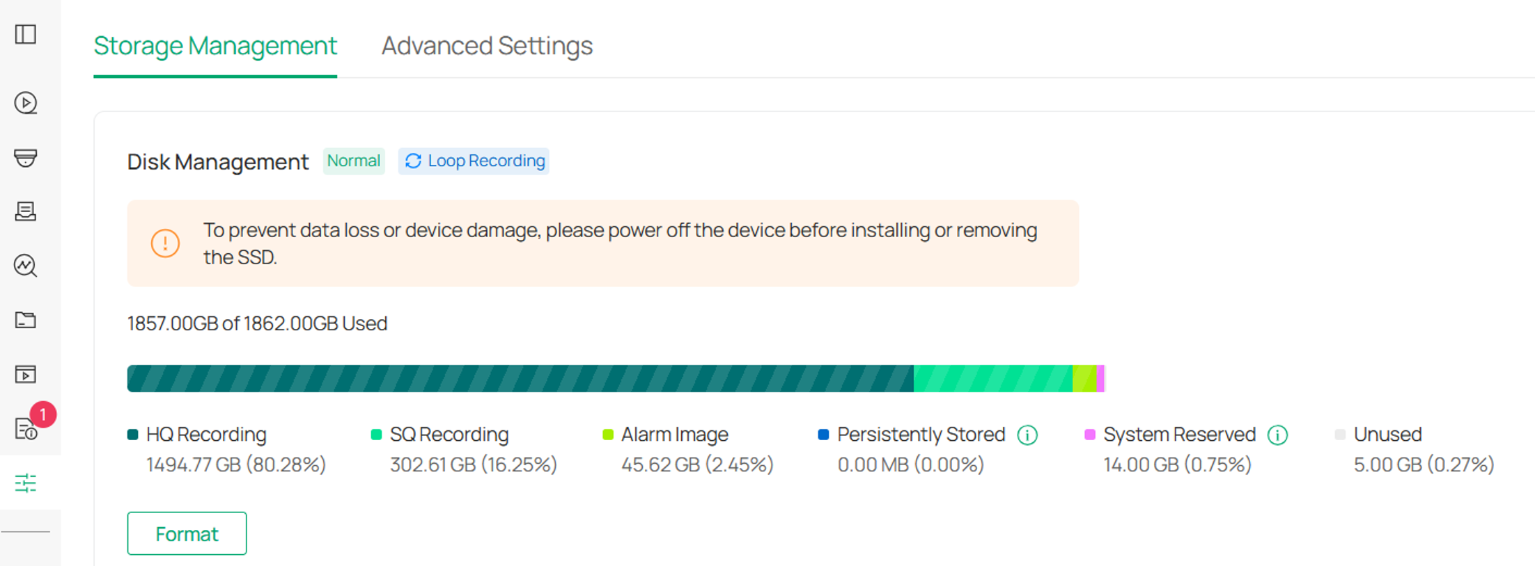 Guard Config page showing video storage management options.