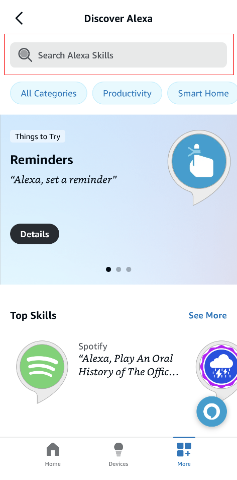 Alexa app screenshot-Tap Search box.